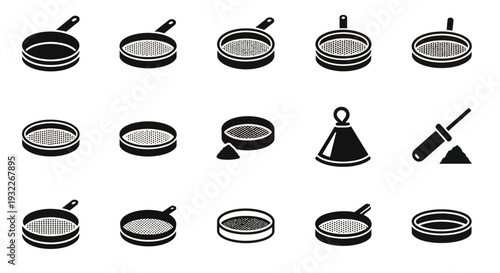 Collection of black and white kitchen utensils and cookware icons displayed on a clean white background from a straightforward viewpoint.