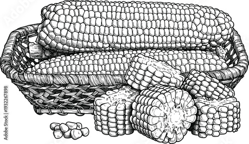 Fresh corn cobs in basket and cut pieces, hand drawn sketch engraving style vector illustration