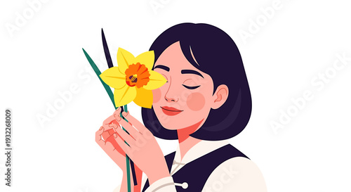 Woman Smelling Daffodil Flower Illustration. Vector Illustrations. EPS Editable