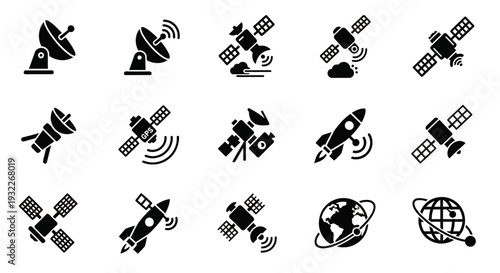 Collection of Satellite and Space Technology Icons Representing Communication and Exploration in Space