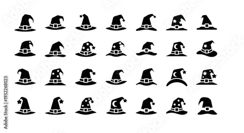 Collection of twenty assorted black hat illustrations displayed on a grid layout