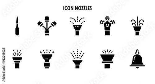 Various black icons of nozzles in different styles and shapes on a white background, showcasing diverse designs and functionalities