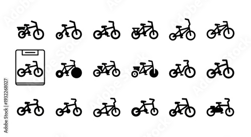 Collection of Various Bicycle Icons Displayed in a Grid Pattern on a Simple Background from a Direct Viewpoint Showing Different Cycling Illustrations