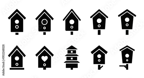 Collection of Birdhouse Silhouettes in Various Designs and Shapes on a Clean Background