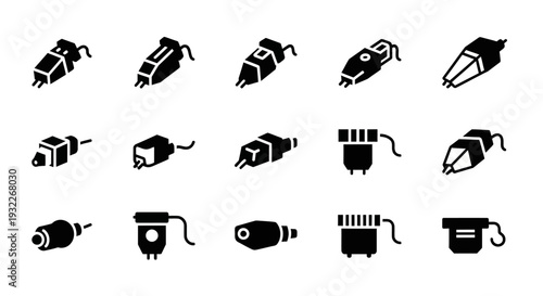 Collection of black and white illustrations of various art tools including brushes and spray cans displayed on a clean white background from a straightforward viewpoint