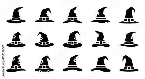 Collection of various witch hats in different styles and angles on a plain background