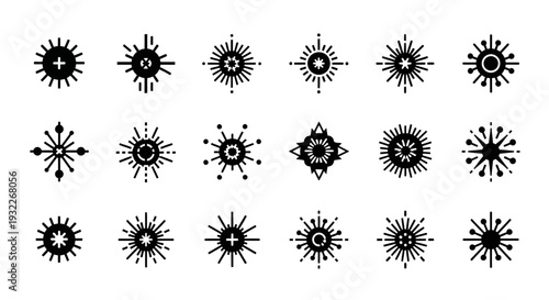 Collection of abstract black starburst illustrations on white, showcasing various designs and patterns from a direct viewpoint
