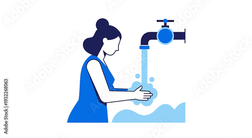 Woman washing hands under running water from a tap emphasizing hygiene and cleanliness. Vector Illustrations. EPS Editable
