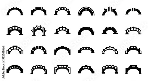 Collection of diverse bridge icons displayed in a grid pattern on a plain white background from a direct viewpoint
