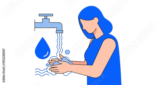 Woman Washing Hands Under Running Tap Water. Vector Illustrations. EPS Editable