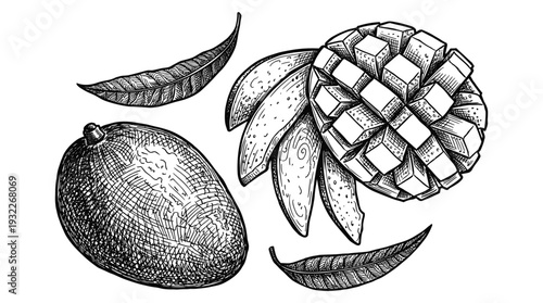 Whole and cut mangoes with leaves, tropical fruit, hand-drawn illustration
