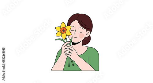 Woman with closed eyes smelling a yellow daffodil flower. Vector Illustrations. EPS Editable