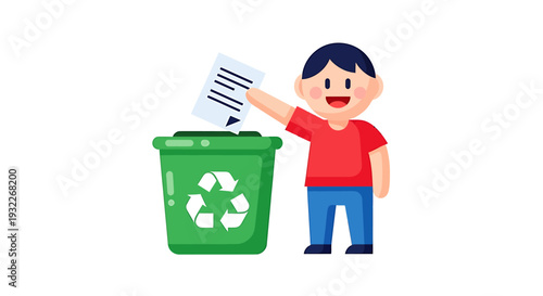 Young Boy Recycling Paper in Green Bin. Vector Illustrations. EPS Editable