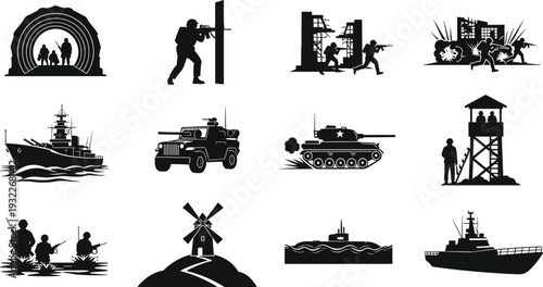 Diverse vector collection featuring military silhouettes city skylines colorful faceless people characters sports car top views construction workers and underwater sea life illustrations set