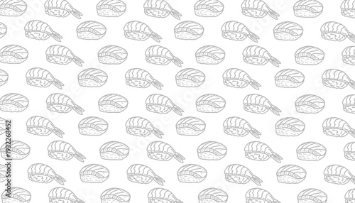 Japanese sushi maki pattern. Seamless ebi nigiri vector. Shrimp roll food illustration. Minimalist hand drawn line. Flat colorful asian cuisine. Repeating seafood textile design.
