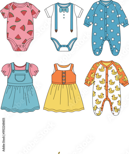 Cute baby clothes collection vector set with colorful bodysuits romper dress and newborn outfits