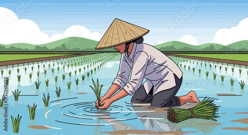 Farmer Planting Rice in Paddy Field 7.
