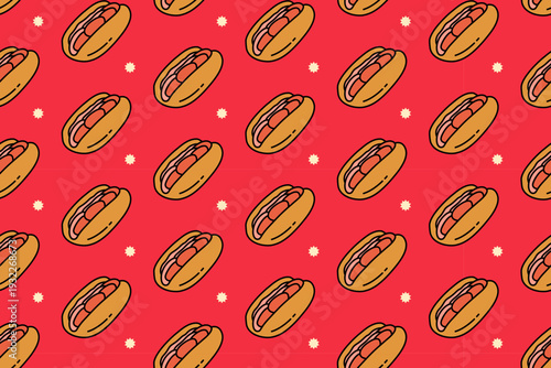 Grilled sausage hot dog with star colorful illustration seamless pattern on red background set for food merchandise. Classic frankfurter sandwich cartoon pattern background for cafes and restaurant