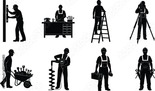 Diverse vector set featuring construction worker silhouettes sports car top views colorful flat people characters technical picnic table sketches and cute cartoon kids illustrations