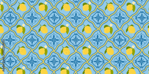 Pattern with yellow lemons and decorative blue Mediterranean tiles. A fresh, summery, citrusy design in a minimalist style.