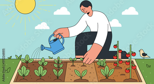 Man Watering Plants in Garden Bed.