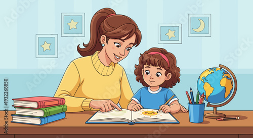 Mother and Child Reading Together at Desk 3.