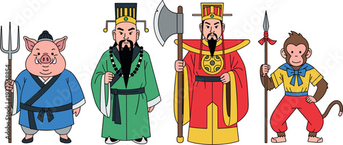Chinese mythology characters including pig warrior monk emperor and monkey king cartoon vector illustration set