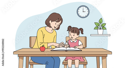 Mother Assisting Young Daughter with Homework 1.