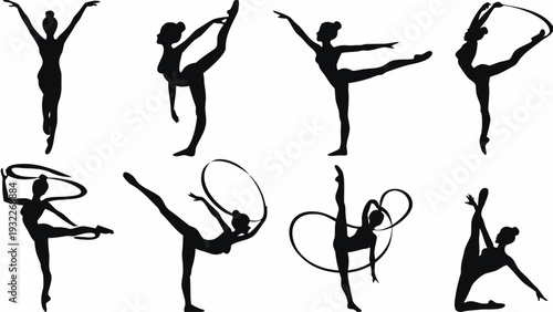 Silhouettes of elegant gymnasts performing dynamic poses with ribbons