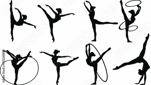 Silhouettes of elegant gymnasts performing dynamic poses with hoops