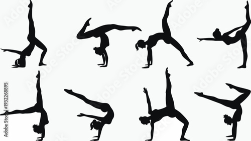Dancers performing various acrobatic poses in dynamic movements