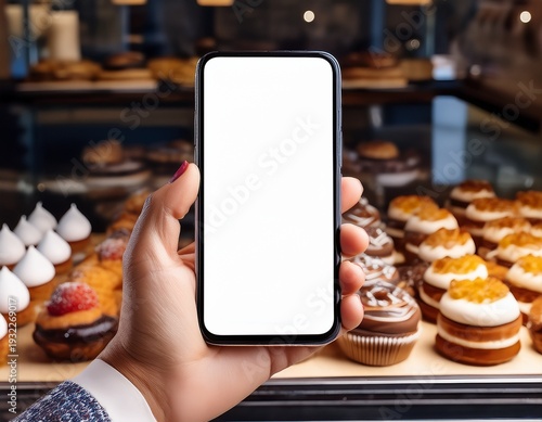 Wallpaper Mural close up of smartphone with blank screen mockup in hand against background of cakes and pastries in pastry shop web store concept online shopping Torontodigital.ca