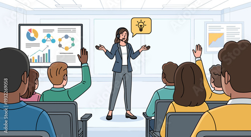 Woman presenting to audience in meeting room.