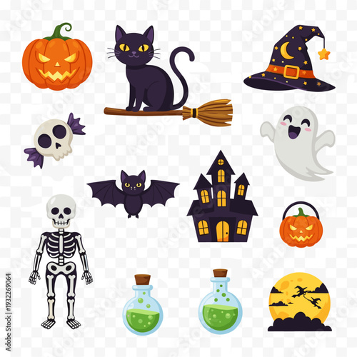 Spooky Halloween Characters and Decorations Vector Set for Festive Designs