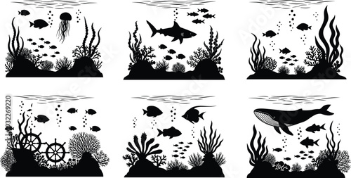 Huge vector collection featuring underwater sea life silhouettes stage lighting icons construction workers hiker figures sports car top views and colorful faceless people characters set