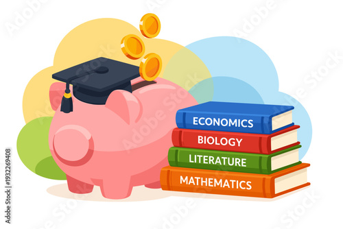 Piggy bank with graduation cap and stack of books representing education savings.