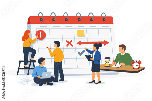 Team planning and scheduling tasks on a large calendar board.