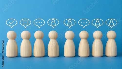 Wooden Figurines with Speech Bubble Icons – Communication, Interaction, Decision, Dialogue, Business, Social, Technology, Concept, Symbol, People, figurines, speech, bubbles, communication