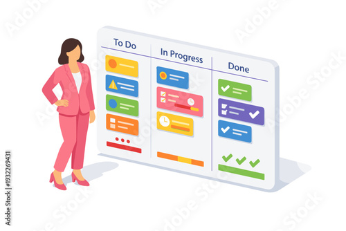 Woman Standing Next to Kanban Board Showing Project Progress.