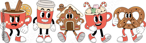 Cute Christmas drink and bakery characters illustration, cartoon coffee cups, gingerbread house, pretzel, festive holiday mascot vector