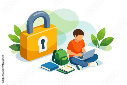 Young boy learning online with laptop and security lock.