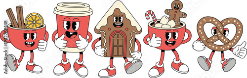 Cute Christmas food characters illustration, cartoon coffee cups, gingerbread house, pretzel, festive holiday mascot vector set