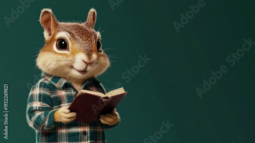 Chipmunk reading book animal character cute cartoon rodent forest wildlife education illustration 3d art