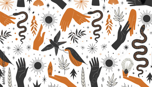 Seamless mystical boho pattern with hands, snakes, birds, celestial symbols and botanical elements in earthy tones background design