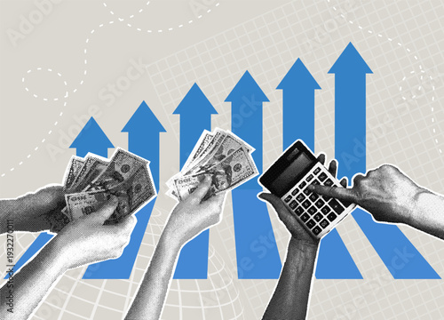 Financial growth and investments. Trendy halftone collage. Concept of investing money, analysis, calculations, and profit. Vector illustration.