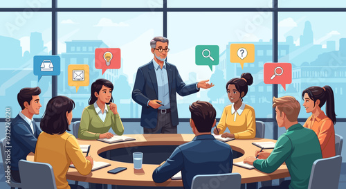 Businessman Leading Meeting with Colleagues in Office.