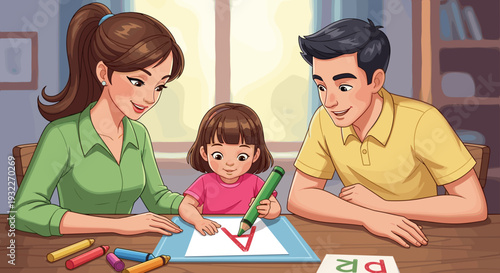 Family Coloring Together at Home Table.
