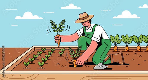 Farmer Planting Vegetable Seedlings in Garden.