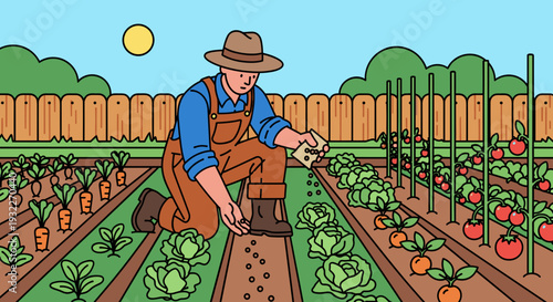Farmer Planting Seeds in Vegetable Garden.
