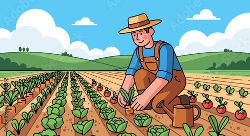 Farmer Tending to Vegetable Crop Field.